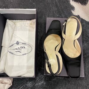 Vintage Prada satin size 37.5 kitten heel mules black chrome heel